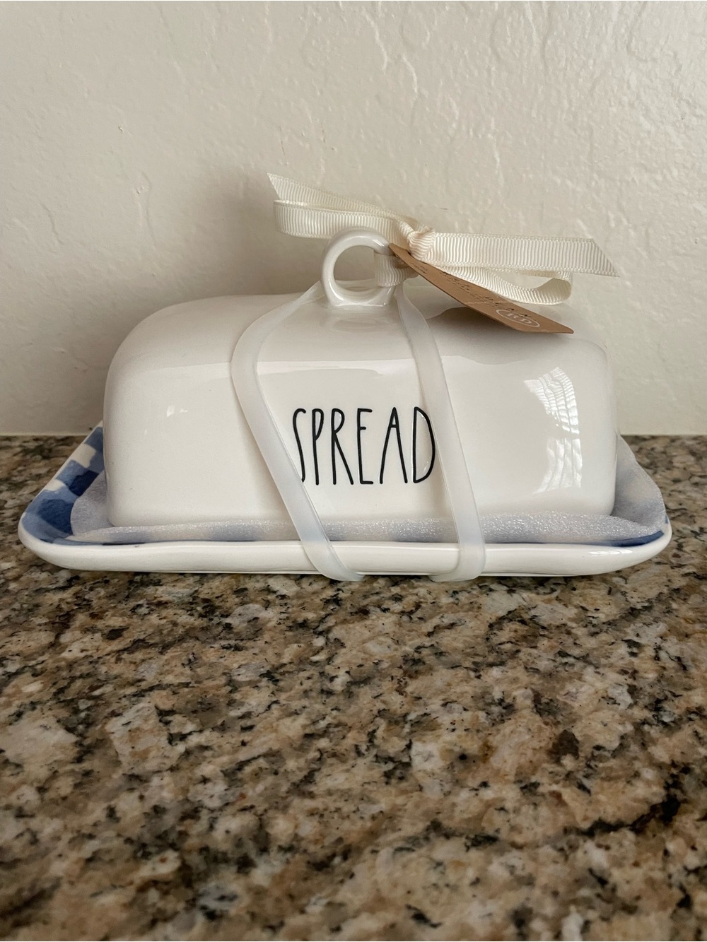 Rae Dunn “SPREAD”  Ceramic Butter Dish with Blue-Trim Base